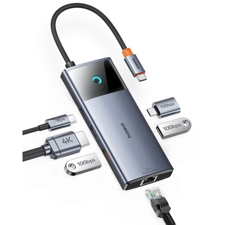 Baseus USB C Hub 10 Gbps Adaptor USB 3.2 cu LAN Ethernet, 4K@60Hz HDMI, 2 USB-A, USB-C, 100W PD, statie de andocare 6 in 1 pentru iPhone 15, laptop MacBook/Surface Pro/Dell/iPad/Steam Deck/Rog Ally/Samung