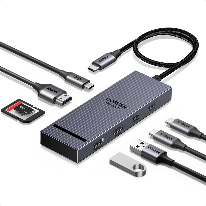 Hub USB-C UGREEN Revodok Pro 108, 8 в 1, HDMI 4K 60Hz, PD 100W, USB 3.2 10Gbps, четец SD/TF, адаптер докинг станция за лаптоп MacBook, Windows, Android