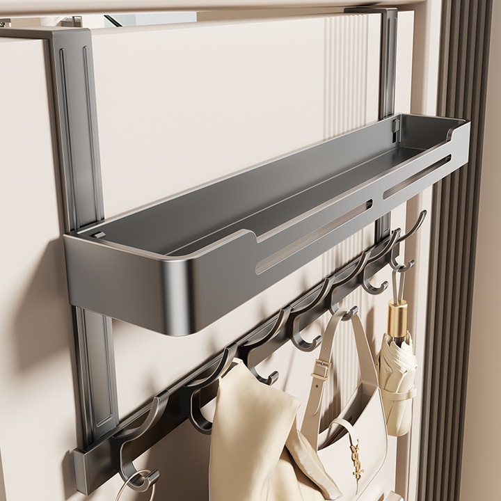 Cuplu Agatator de Usa cu 2 Niveluri, Fara Gaurire, 7 Carlige Custi Extinsa, Gri Metalizat, Modern si Simplu