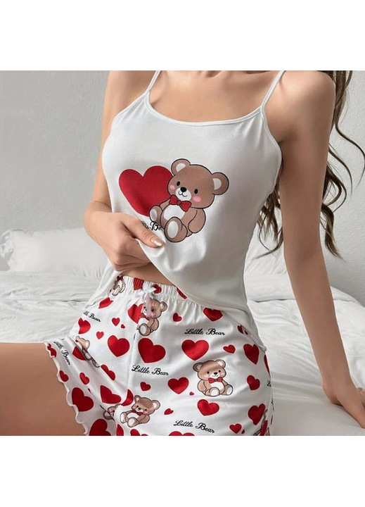 Pijama dama, scurta, cu ursuleti, alba, XL