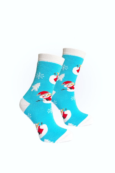 Sosete dama, Flausate, Rogalu, Model Craciun, albastru cu om de zapada, 36-39