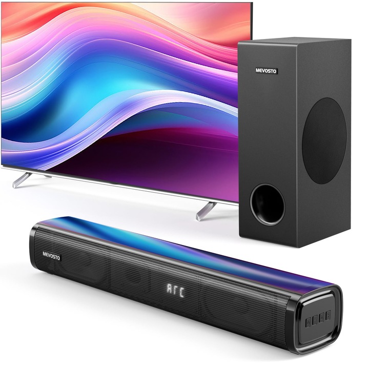 Mevosto 2025 Soundbar, 2.1 csatornás, Bluetooth 5.3, USB, mélynyomóval