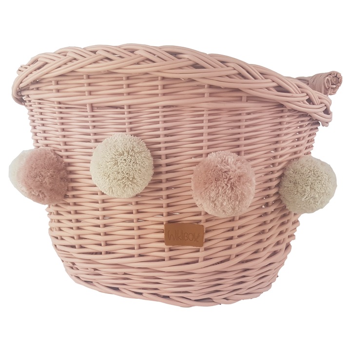 Cos de bicicleta din ratan, Wiklibox, roz murdar, cu 5 pomponi, 29x33x41cm