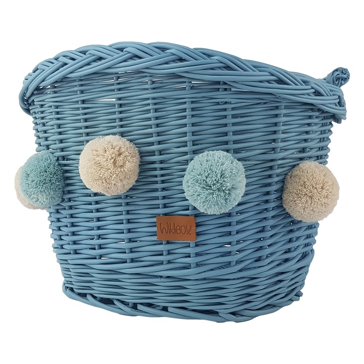 Cos din rachita pentru bicicleta, Wiklibox, colorat morsk, cu 5 pomponi, dimensiuni 29x33x41cm