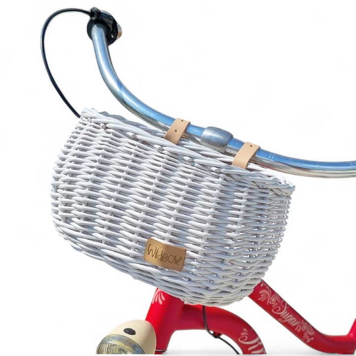 Cos de bicicleta din ratan pentru copii, Wiklibox, alb, 14x26x19cm, set fara suport