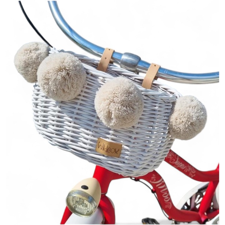 Cos de bicicleta din rachita, Wiklibox, alb cu pomponi, 14x26x19cm