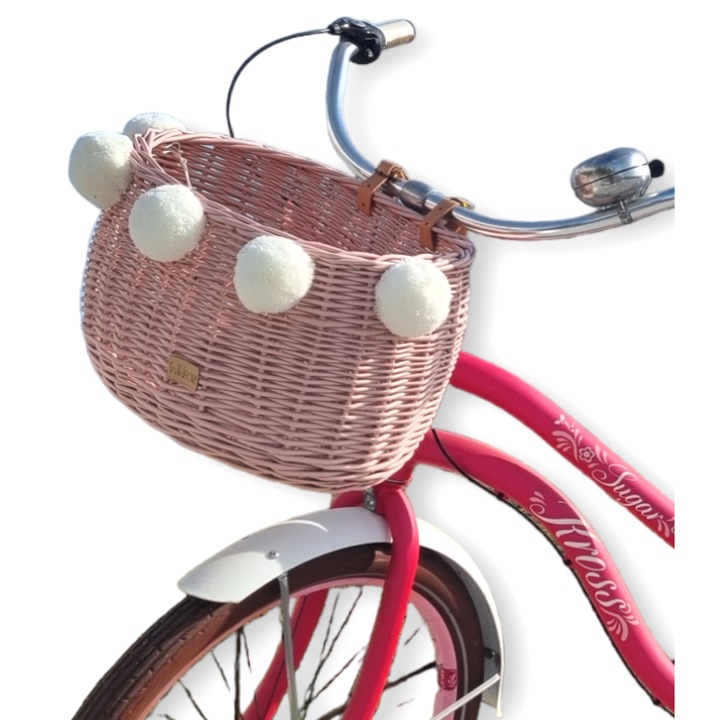 Cos de bicicleta din ratan cu pomponi, Wiklibox, roz, 26x37.5x30cm, set cu 5 pomponi