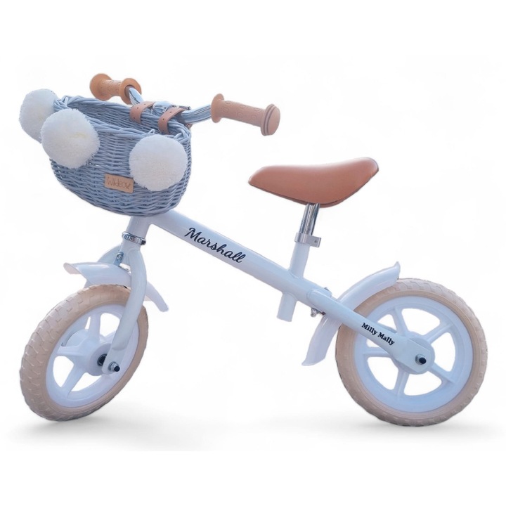 Cosulet din ratan pentru bicicleta, Wiklibox, gri, cu pompoane, 12x22x16cm