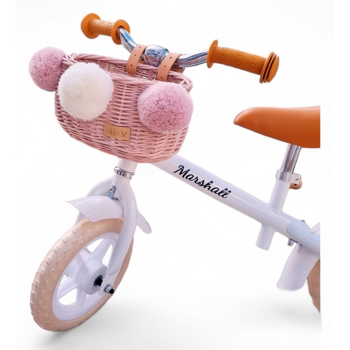 Cosulet din ratan pentru bicicleta, Wiklibox, roz cu pomponi, 22x16x12cm, set