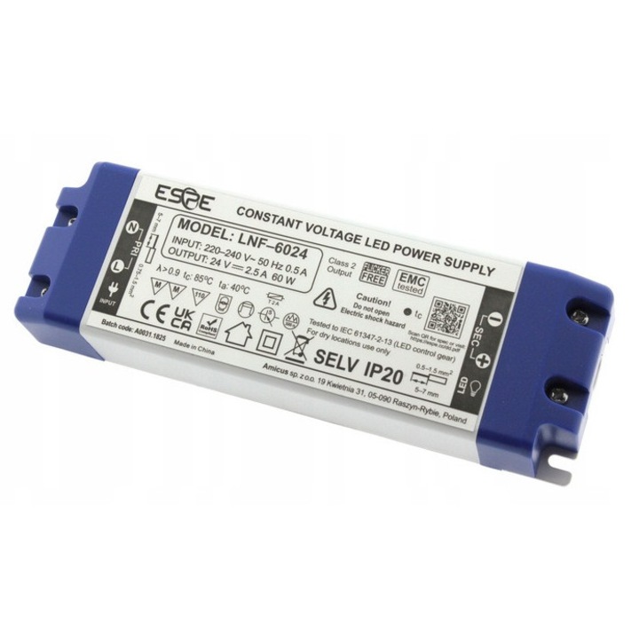 LED захранващ блок, 24V, 2.5A, 60W, ESPE, LNF-6024, IP20, 147x48x25mm