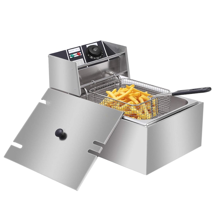 Friteuza Electrica Comerciala Teno®, un rezervor, usor de curatat, cos auto-strecurabil, blat din otel inoxidabil, capac pentru prevenirea stropirii, capacitate 6L, gri