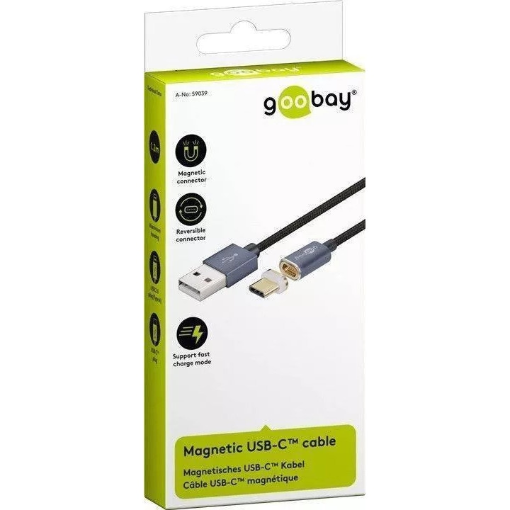 USB2.0 kábel mágneses USB Type C csatlakozóval 1.2m fekete Goobay