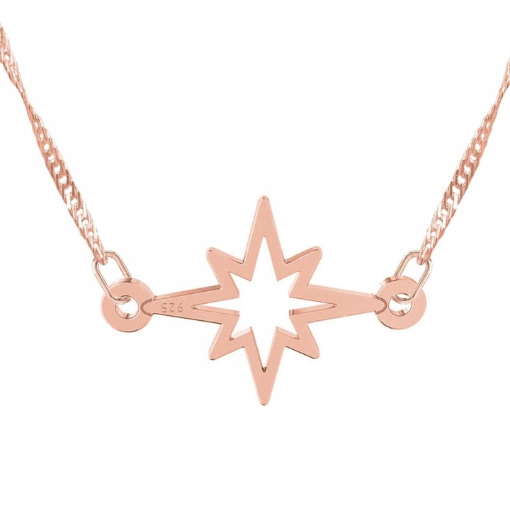 Colier Larezo, cu motiv de stea, argint 925, placat cu aur roz, lungime 47cm + 3cm, set complet cu cutie de bijuterii