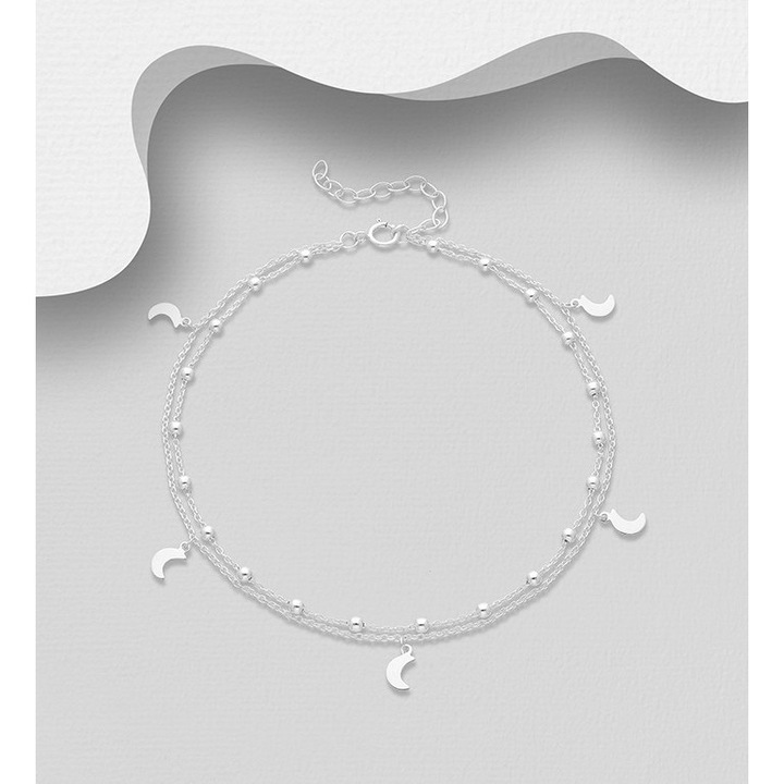 Bratara dubla din argint pentru glezna cu bilute si luni