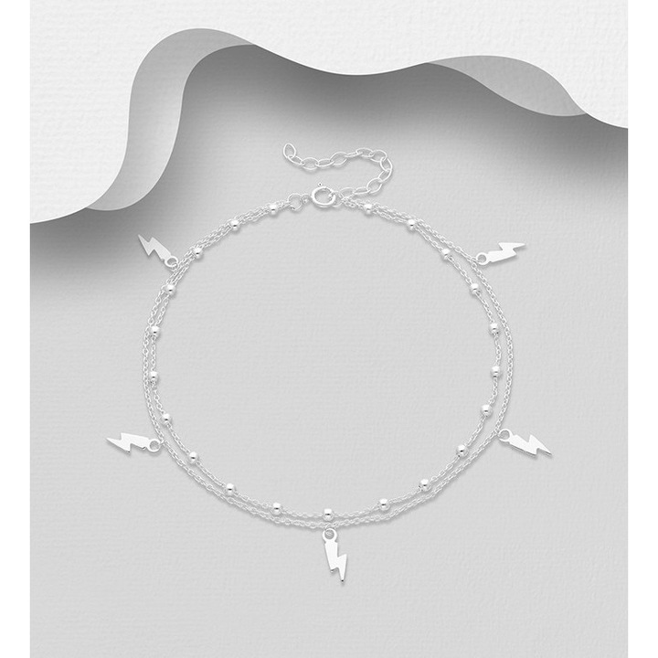 Bratara dubla din argint pentru glezna, cu bilute si fulger