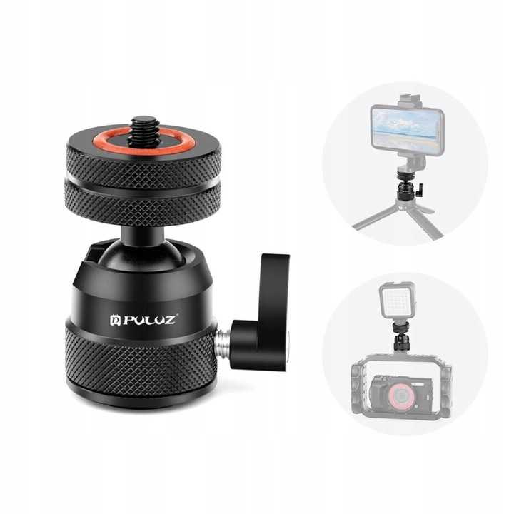 3D сферична глава, Puluz, PU1057B, 69 г, товароносимост до 3 кг, въртене на 360°, наклон от -90° до +60°, двойна долна опора, сменяема горна глава, материал от авиационен алуминий, устойчивост на влага и ръжда, CNC рязане от