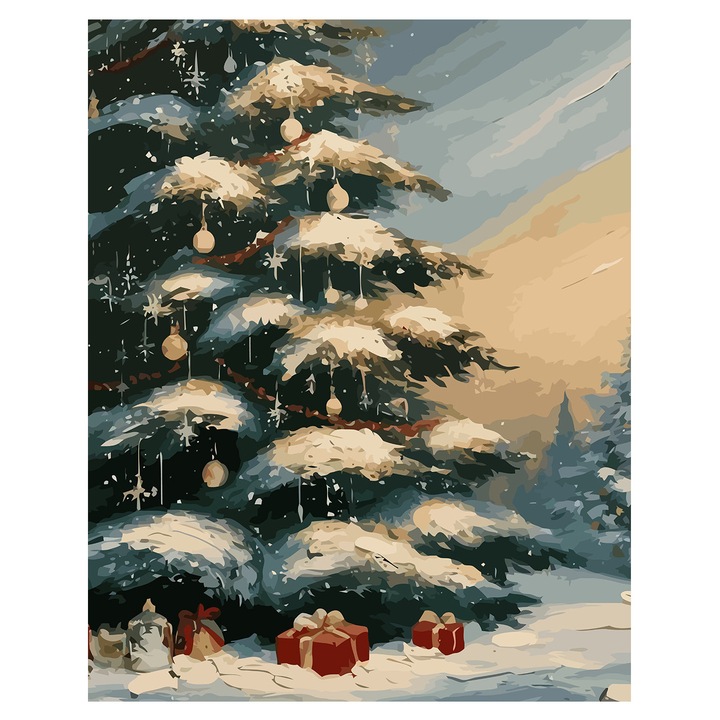 Set pictura pe numere Peisaj de iarna 6171, panza bumbac pe rama lemn, 80x100 cm, tablou cu schita, 3 pensule si vopsea acrilica