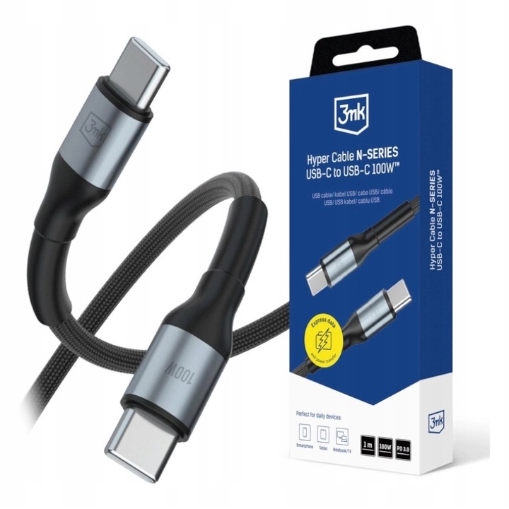 Кабел 3mk Hyper N-SERIES USB-C към USB-C PD 100W 1м Черен