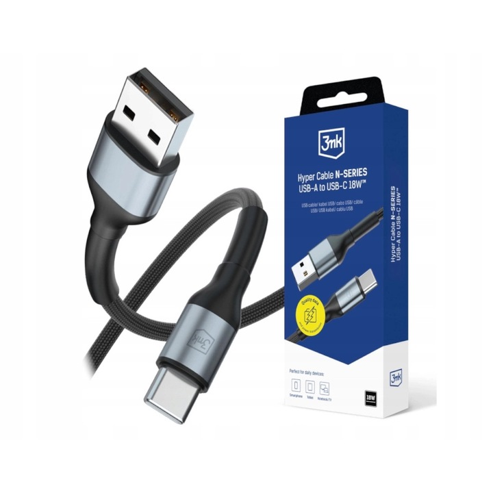 Кабел 3mk Hyper N-SERIES USB-A към USB-C, PD 18W, 2м, черен