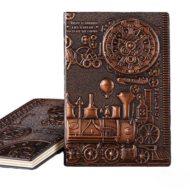 Jurnal retro, BOMSTOM, A5, 100 de coli, 200 de pagini, coperta 3D, piele, bronz antic