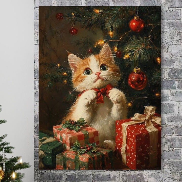 Tablou Canvas Premium, LuxCanva® D1135, Craciunul Unui Ghem de Blana, 90 X 120 CM, Panza Bumbac 100% 400g/m2, Sasiu, Lemn, Pisicuta, Funda, Rosie, Blanita, Labute, Mustati, Brad, Cadou, Pufos, Inocenta, Dar, Living, Dormitor