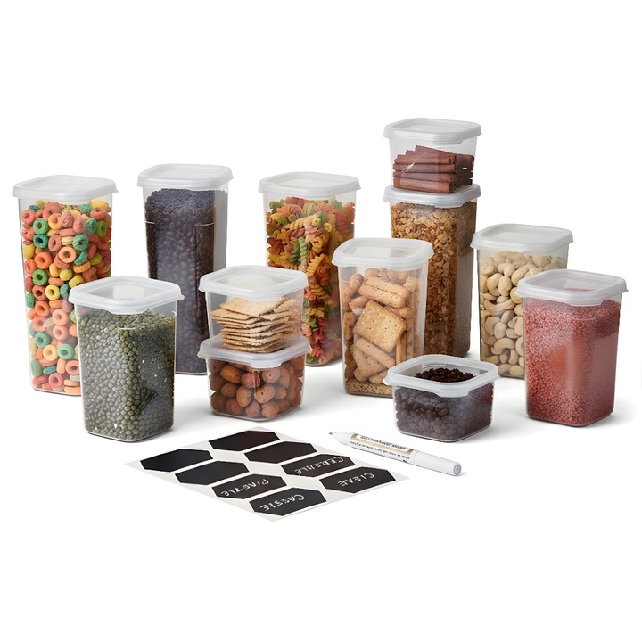 Set 12 recipiente de depozitare alimente etanse Koken, plastic transparent, 0.6L - 1.2L - 1.75L, rezistent rece/fierbinte