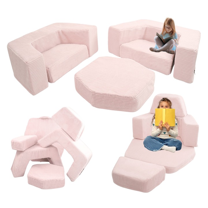 Set de joaca modular din spuma Flumi Montessori pentru copii – loc de joaca, 6 elemente, catifea reiata, roz pudrat
