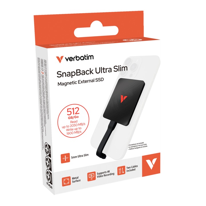 SSD Extern Portabil Verbatim SnapBack Ultra Slim 512GB Interfata USB 3.2 Gen 2x2 2 Cabluri Incluse Negru