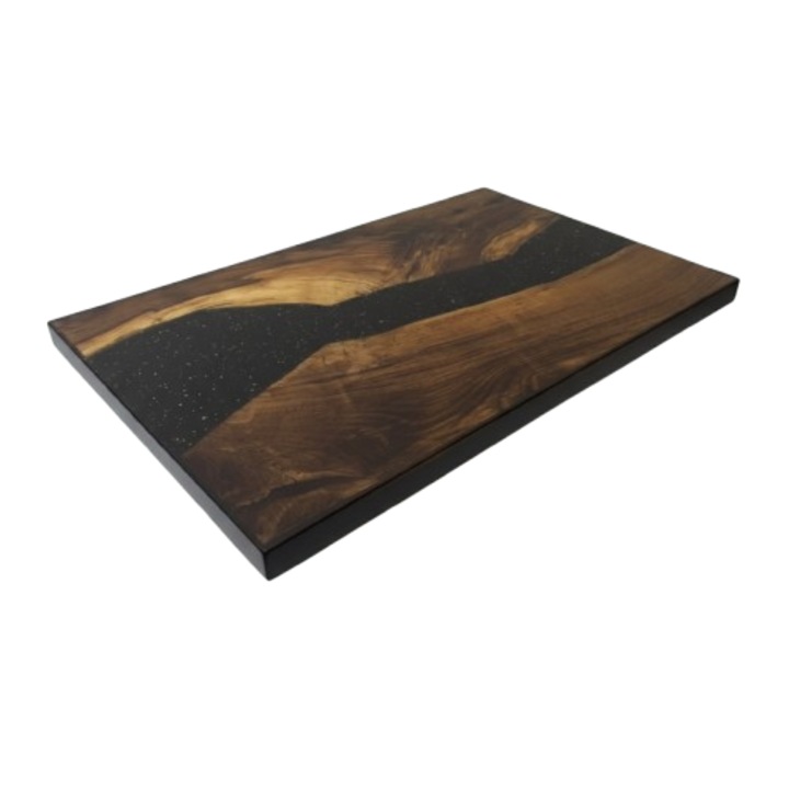 Квадратна холна маса MASILVO, масивна орехова дървесина и епоксидна смола, 100x60x50см, метални крака