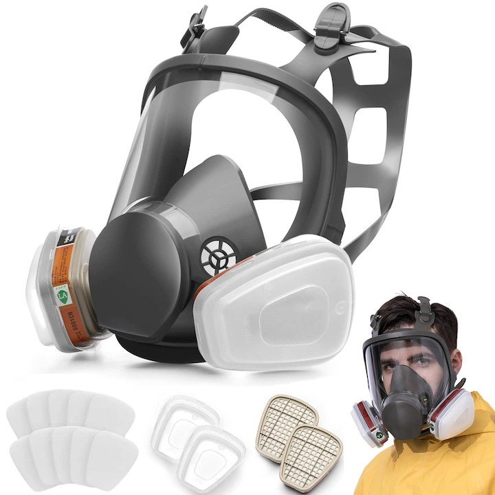 Set 6800 masca reutilizabila, pentru protectie respiratorie, Include 2 filtre cu particule anti-gaz, vapori de vopsea si noxe, 10 filtre din bumbac