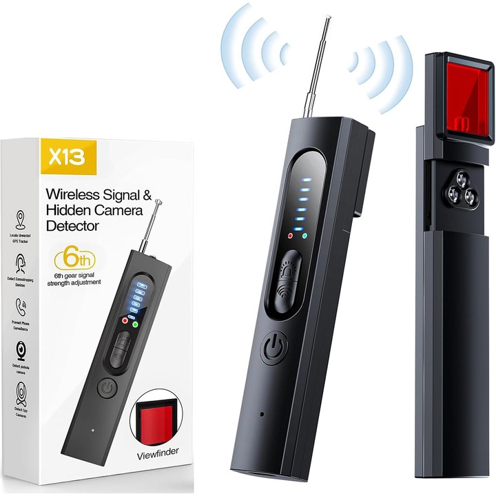 Професионален детектор за шпионски устройства, открива скрити камери, GPS, GSM устройства, скрити микрофони, диктофон, леща и лазерна LED лампа, 6 нива на чувствителност, защитава поверителността