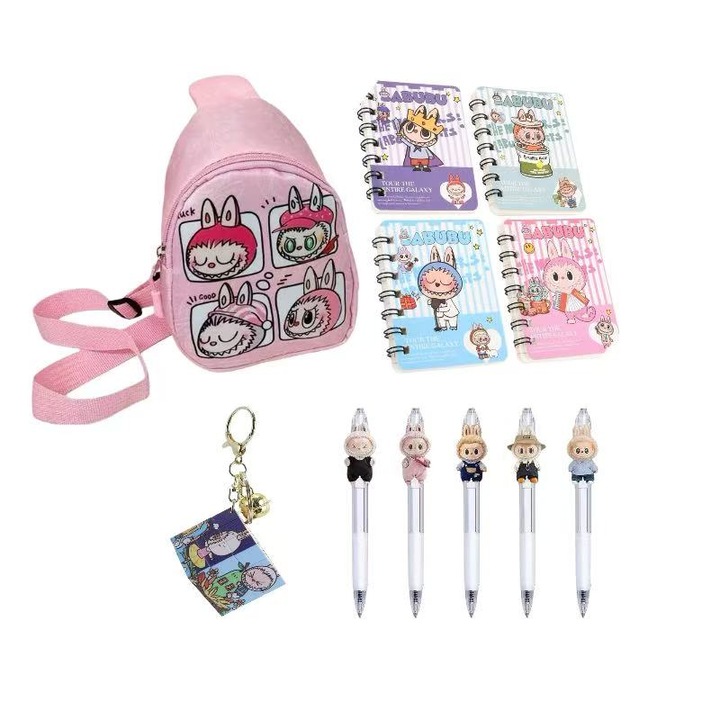 Set geanta crossbody pentru copii cu Labubu, 4 caiete, 5 pixuri, jucarie puzzle,14x18x6.5cm