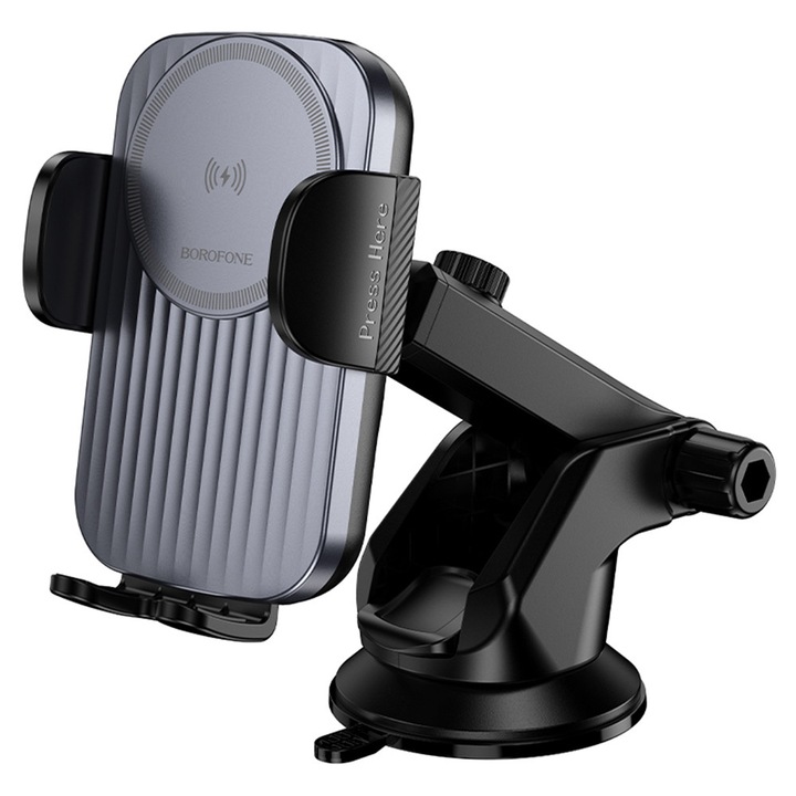 Suport Auto cu Incarcare Wireless Borofone Leading – pentru Panou de Bord/Parbriz, 15W, Prindere Sigura, Compatibil 4.5–7.0