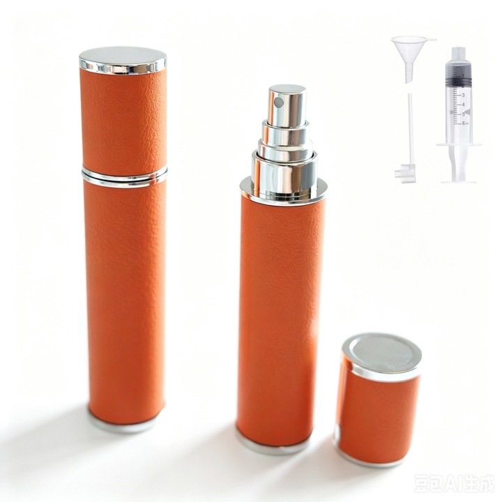 Sticla de parfum, pulverizator portabil, include ustensile, reutilizabila, 10 ml, carcasa din piele, portocalie