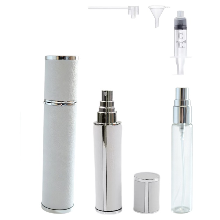 Sticla de parfum, pulverizator portabil, include ustensile, reutilizabila, 10 ml, carcasa din piele, alb