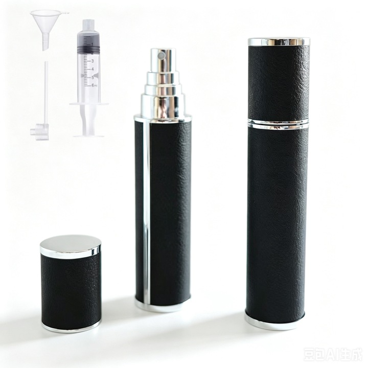 Sticla de parfum, pulverizator portabil, include ustensile, reutilizabila, 10 ml, carcasa din piele, neagra