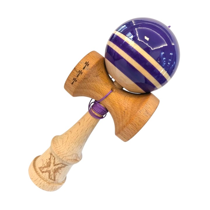 Kendama X Rainbow, Big Cups V2, Super Sticky Cupe Mari, Rulment Metalic cu Ata 55 cm, Lemn, 18 cm, Indigo cu linii