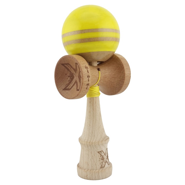 Kendama X Rainbow, големи чаши V2, супер лепкава чаша Мари, метален лагер с конец 55 см, дърво, 18 см, жълто с линии