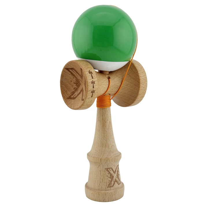 Kendama X Originala, SUPER STYKY, Big Cups V2, Cupe Mari, Rulment Metalic cu Ata 55 cm, Verde - alb