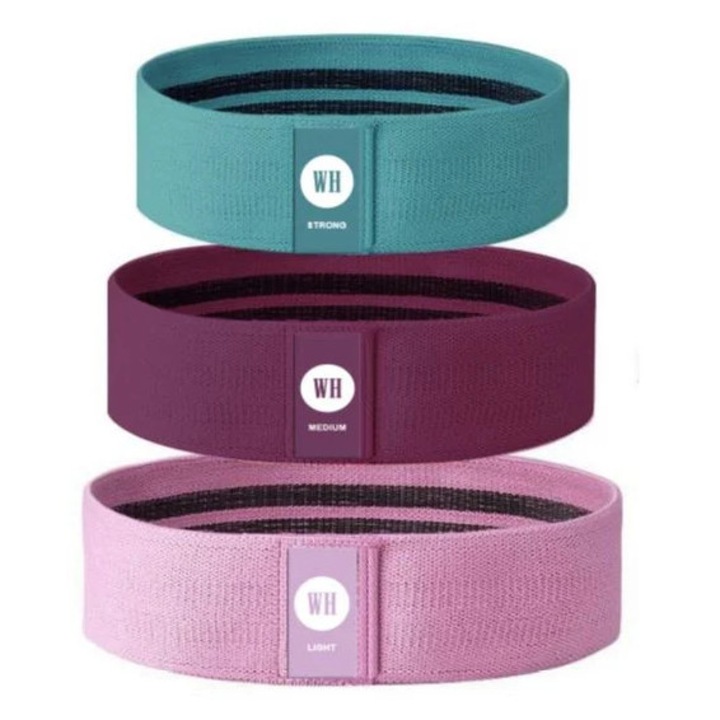 Комплект ластици за съпротива за дупе, Northix, 3 нива на съпротива, светло тюркоаз, магента, розово, 300x80mm, 340x80mm, 360x80mm