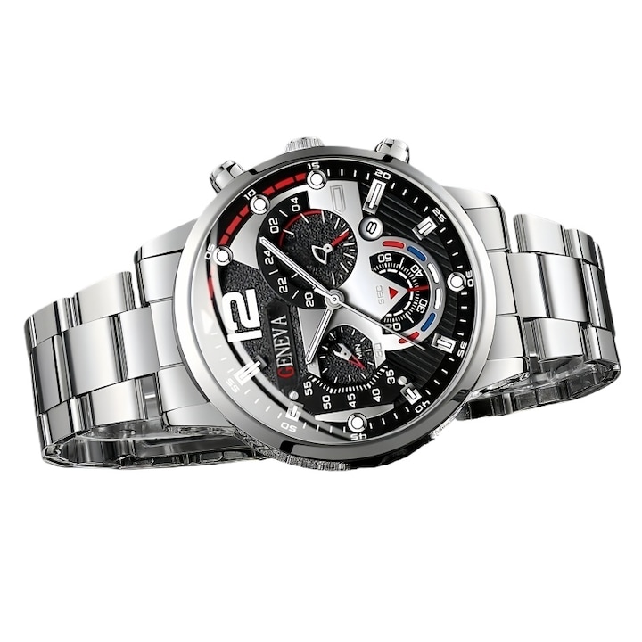 Мъжки часовник и гривна, AjieQaQ, неръждаема стомана, сребро, комплект с подаръчна кутия