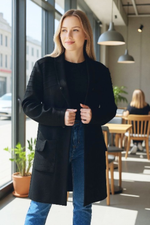 Дамска жилетка, StarFashion, плътна, с копчета и джобове, черна, OneSize