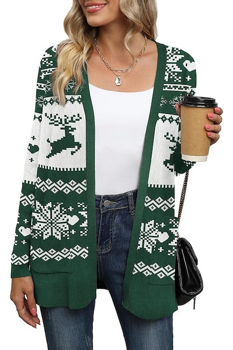 Cardigan cu maneca lunga pentru femei, stil casual, usor, cu buzunare, verde, Yommay, Verde