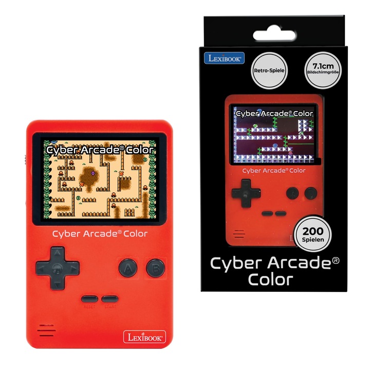 Hordozható retro játékkonzol, Lexibook, Cyber Arcade Color, 200 játék, 2.8" LCD képernyő, piros