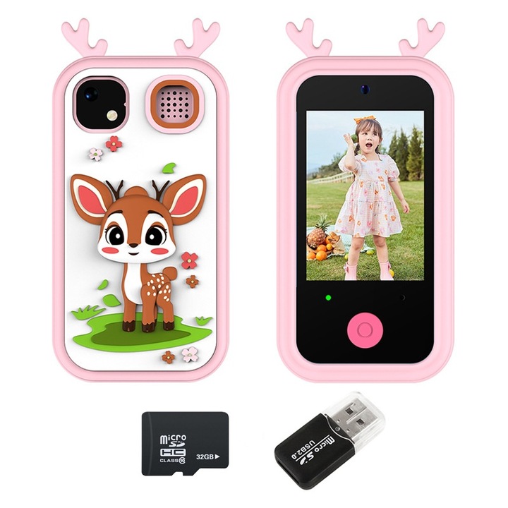 Camera foto pentru copii, ORBER, design cerbi, 32GB, 1080P, roz, ecran tactil 2, 4 inci
