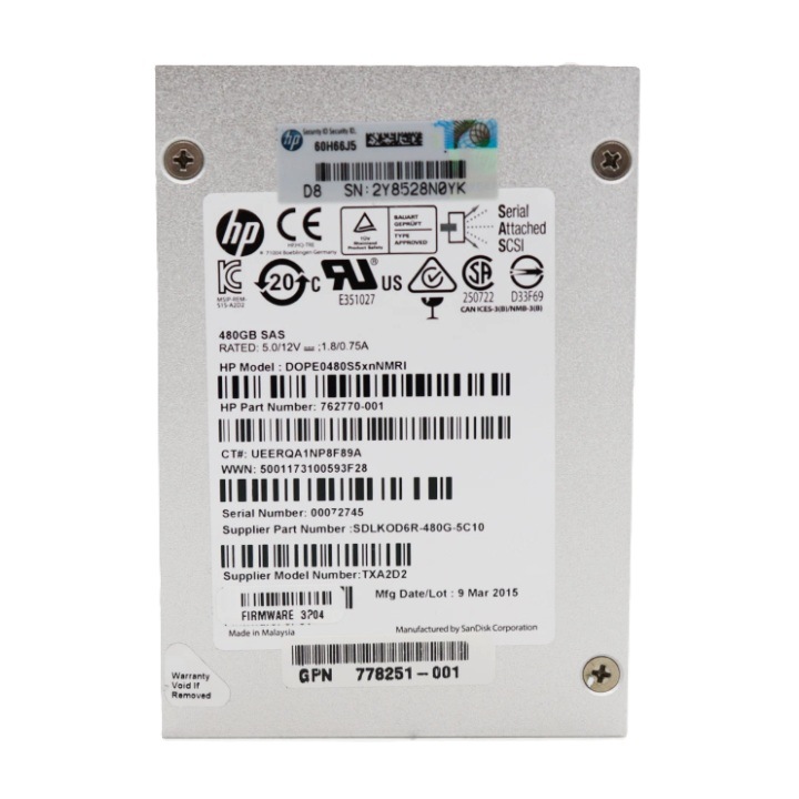 SSD SAS Enterprise HPE 480Gb DOPE0480S5XNNMRI 6G 2.5" TXA2D2 762770-001 100% Здраве