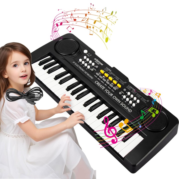 Електронна клавиатура Bedee, 37 клавиша, 8 тона, 11 демонстрации, Черна, 43x16x5.6 см