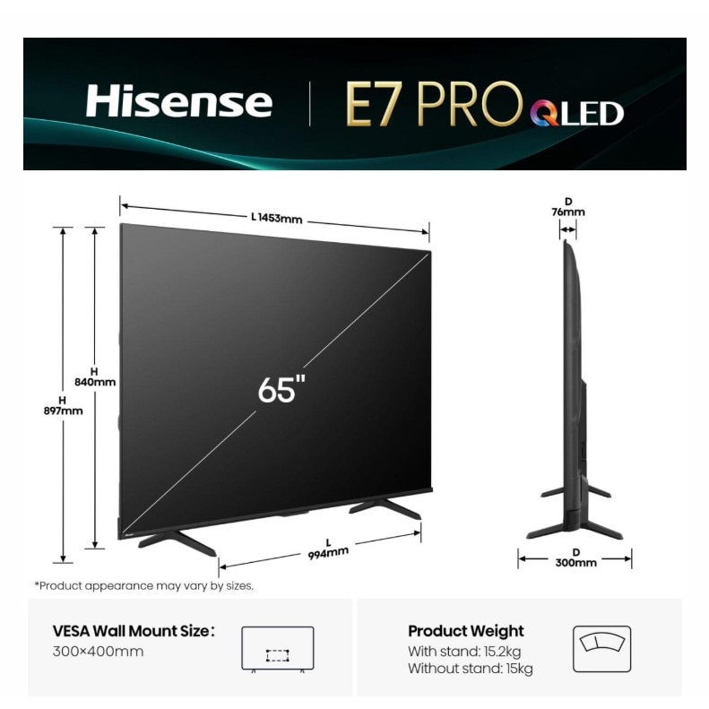 Hisense 65E7Q PRO Televizor inteligent 165,1 cm (65") 4K Ultra HD Wi-Fi Negru 385 cd/m²
