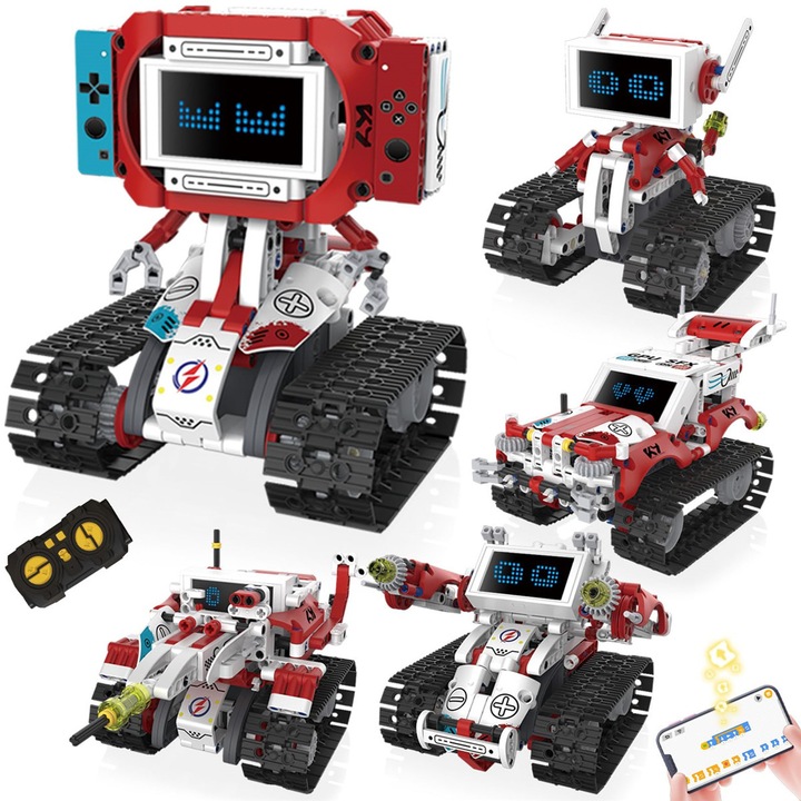 Robot Blocuri Programabil de Jucarie 5 IN 1, cu 2.4G Telecomanda si Aplicatie, MorFansi®, STEM Jucarii Interactiva Constructie, Sunet si Ochi LED, Stimuleaza Creativitatea si Gandirea, Incarcare USB, 6 ani+, Rosu