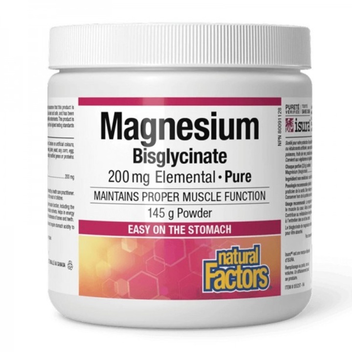 Хранителна добавка Natural Factors, Магнезий (бисглицинат), 200 mg х 145 g прах